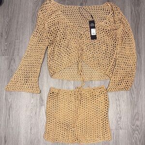 Fashion Nova Tan Crochet Skirt Set